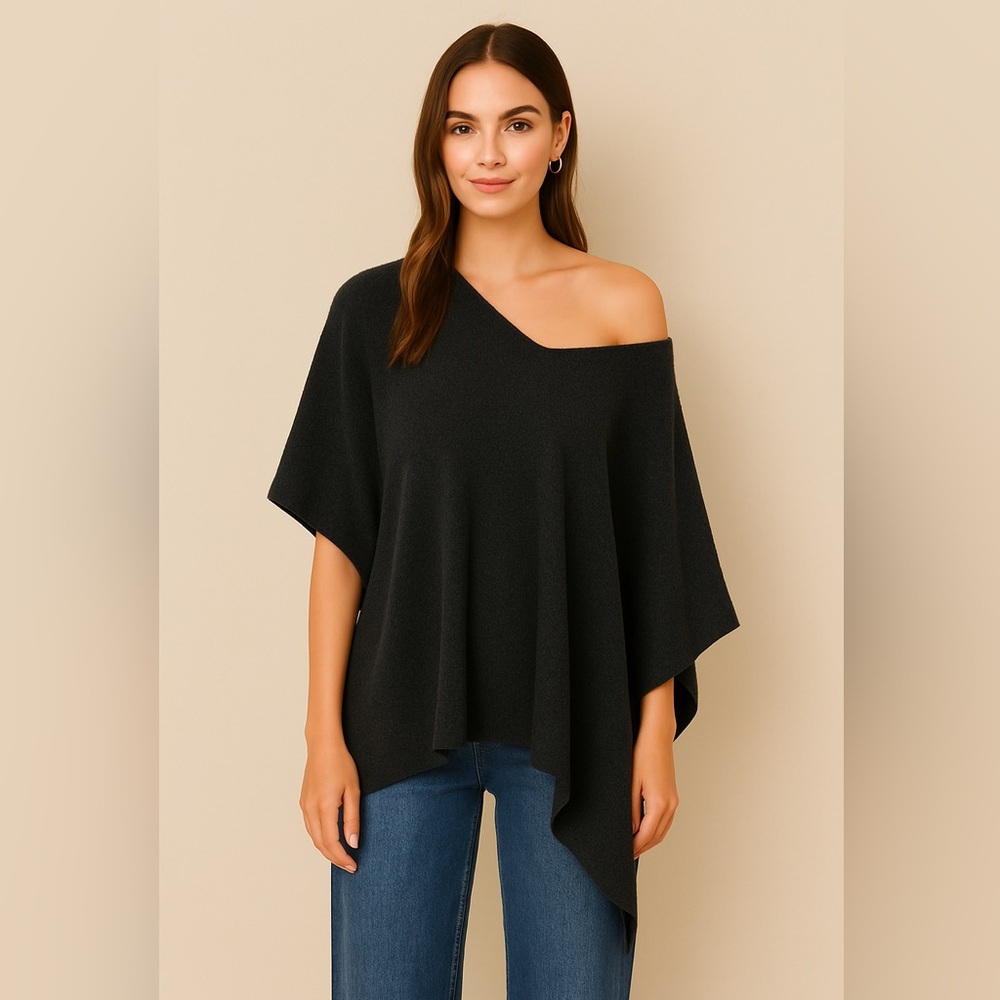 Moth Anthropologie Navy Blue One Arm Asymmetrical Cape Poncho One Size